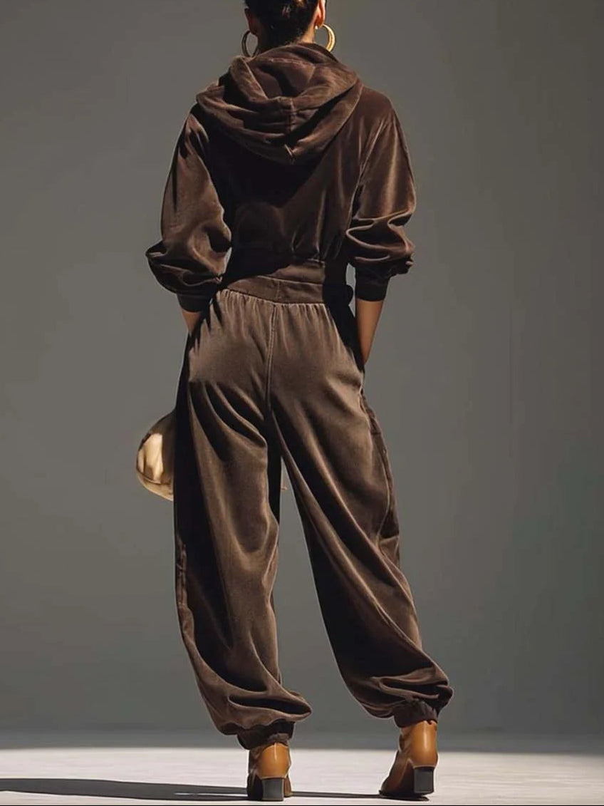 Prudence | Velvet Hoodie and Trouser Co-ord, colour Brown