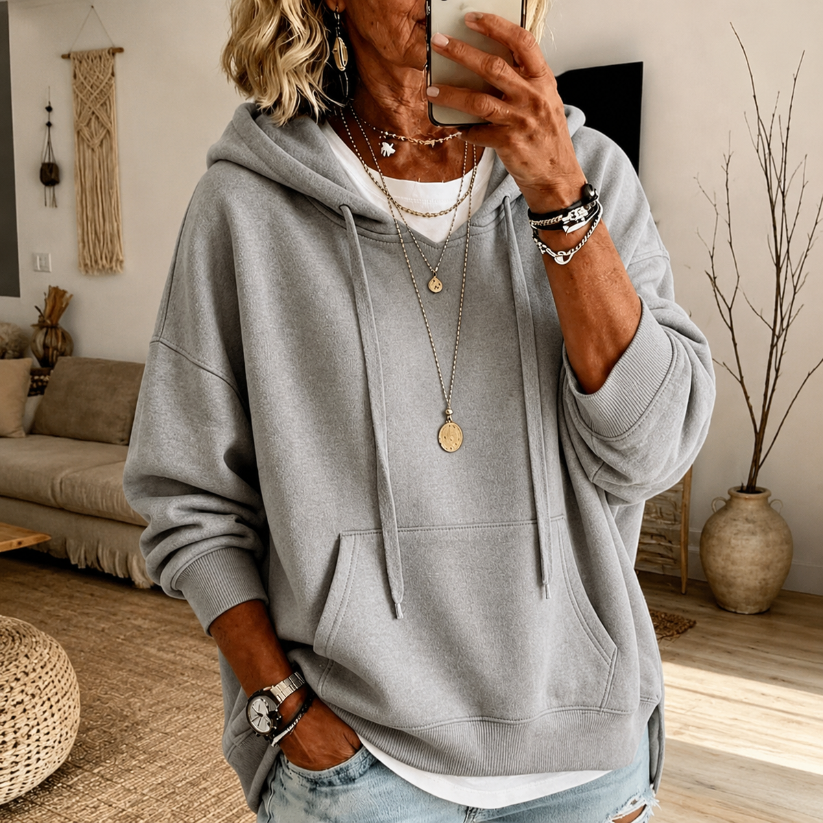 Queenie | Light Grey Oversized Hooded Jumper, colour Light Grey