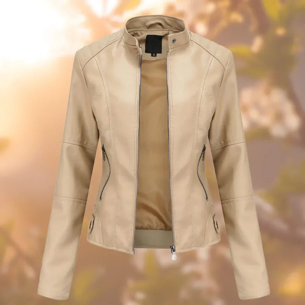 Regina | Slim Fit Zip-Up Moto Jacket, colour Beige