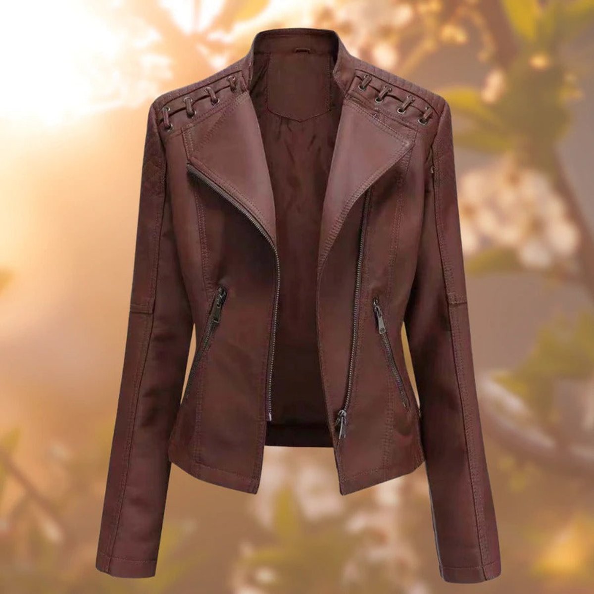 Renata | Studded Shoulder Zip Moto Jacket, colour Dark Brown