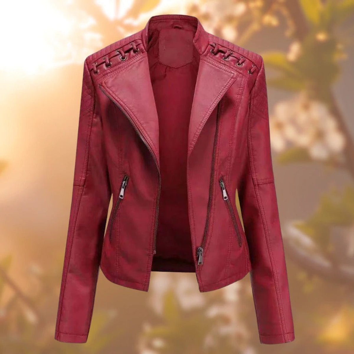 Renata | Studded Shoulder Zip Moto Jacket, colour Dark Red