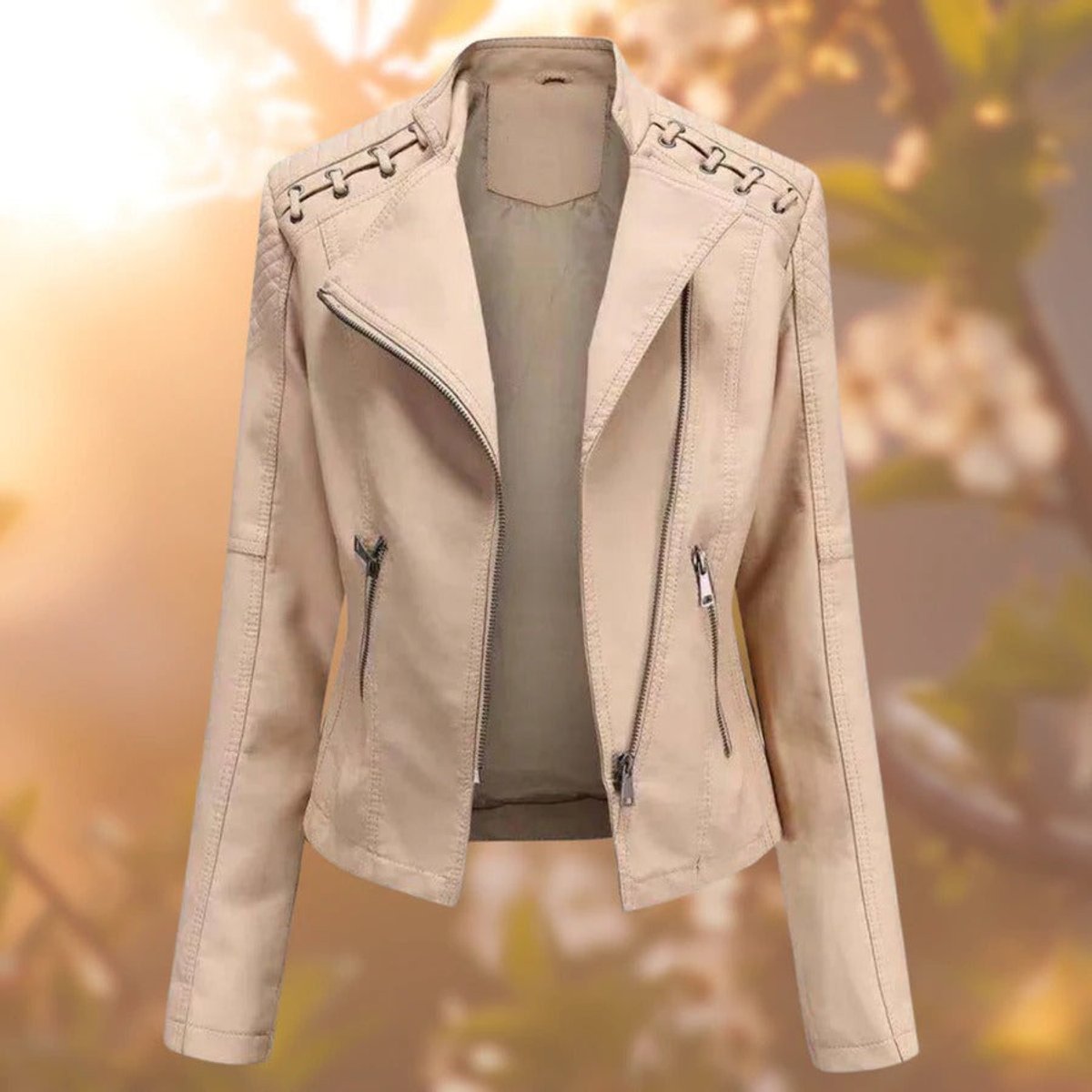 Renata | Studded Shoulder Zip Moto Jacket, colour Khaki