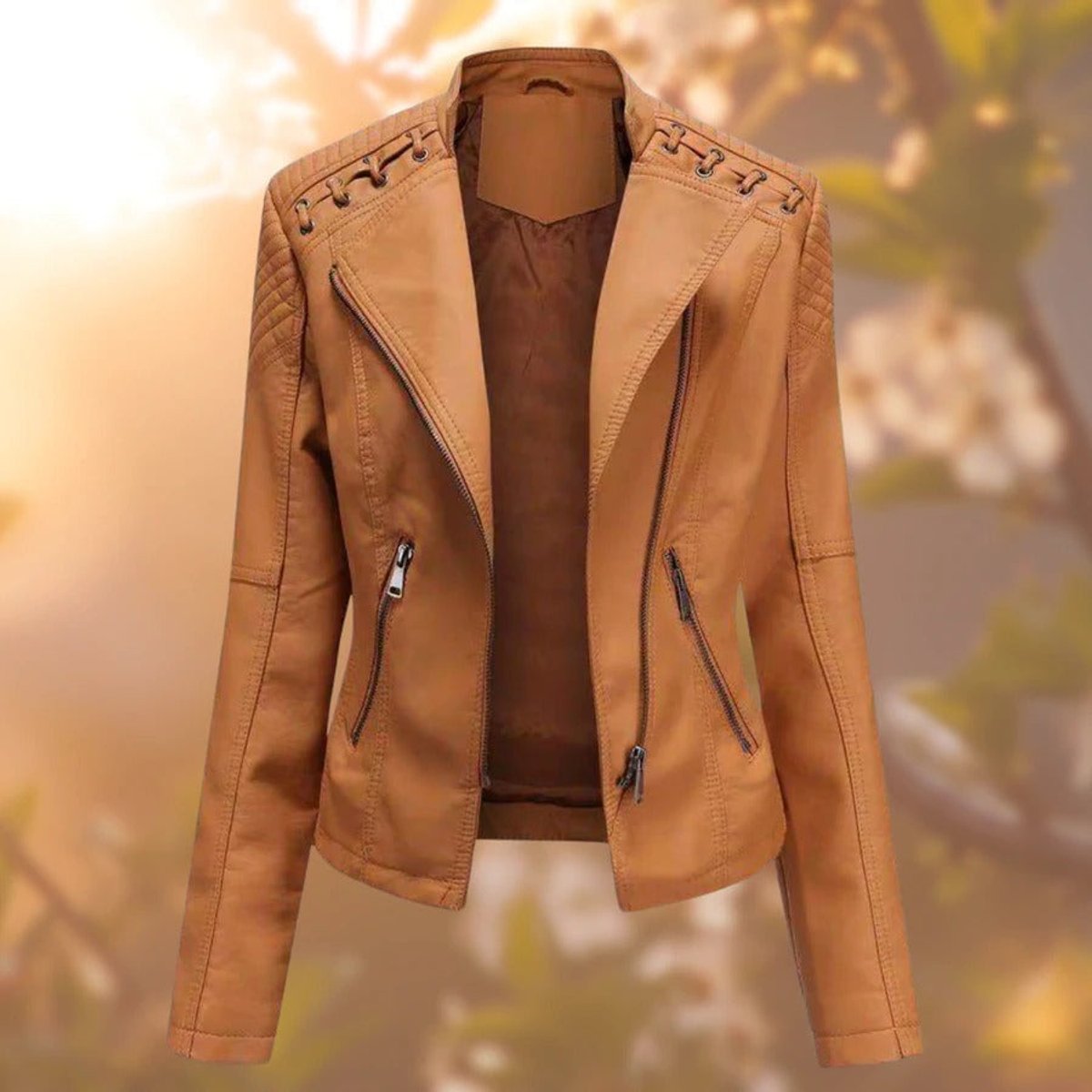 Renata | Studded Shoulder Zip Moto Jacket, colour Orange