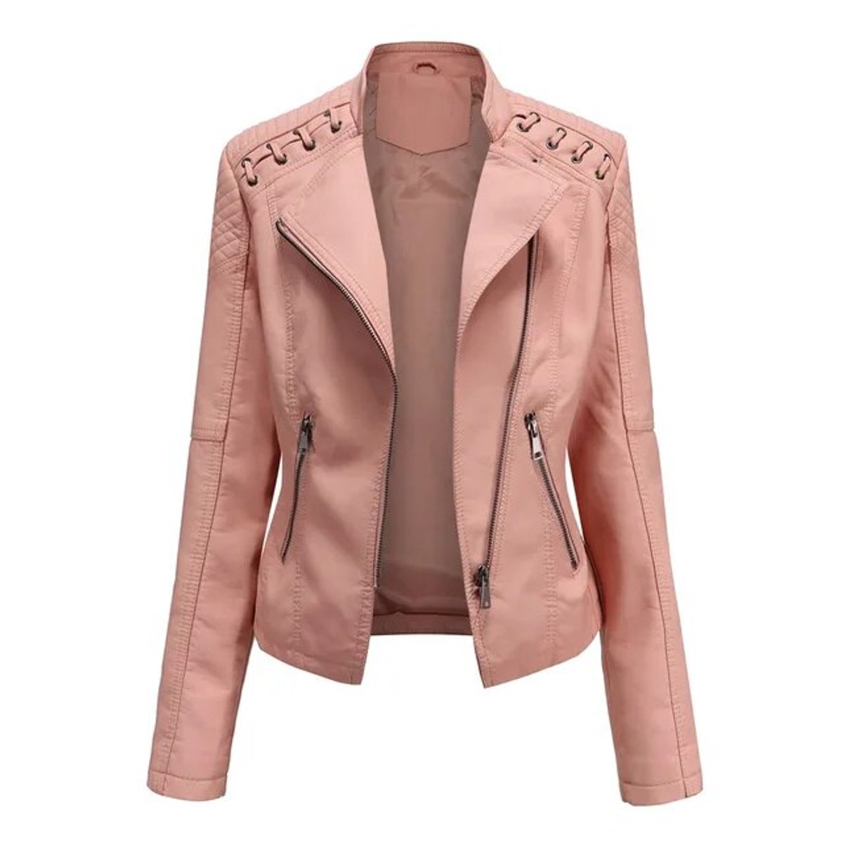 Renata | Studded Shoulder Zip Moto Jacket, colour Pink