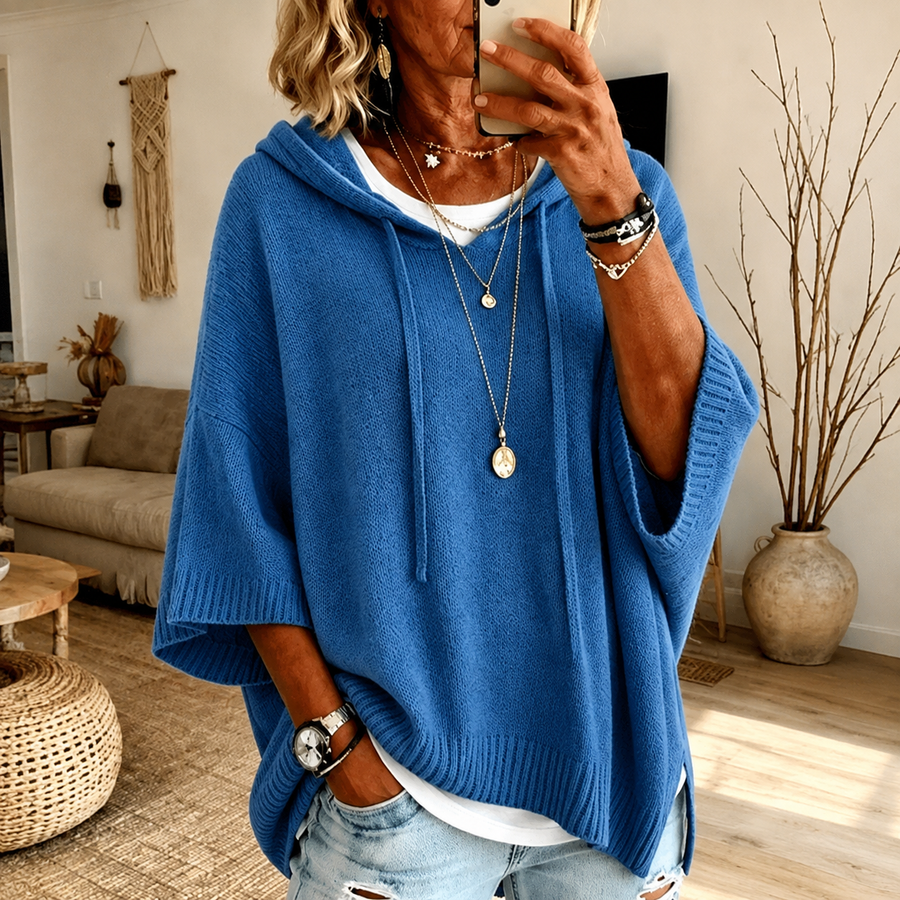 Rhiannon | Cobalt Blue Hooded Poncho Jumper