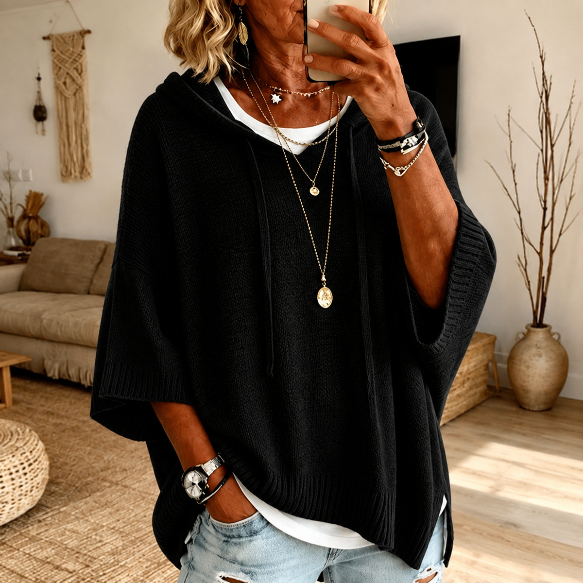 Roberta | Black Hooded Poncho Jumper, colour Black