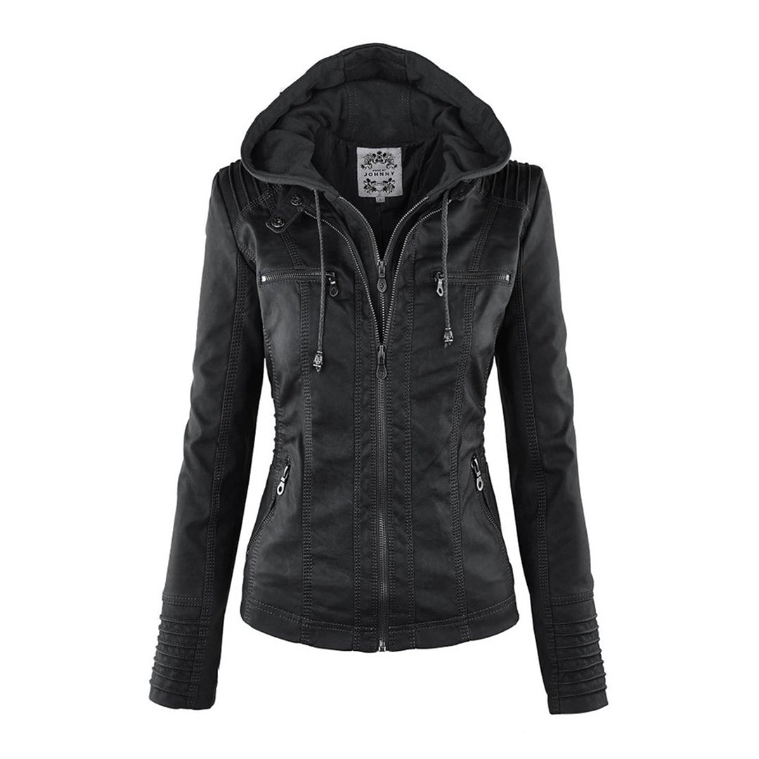 Rochelle | Hooded Zip-Up Moto Jacket, colour Black