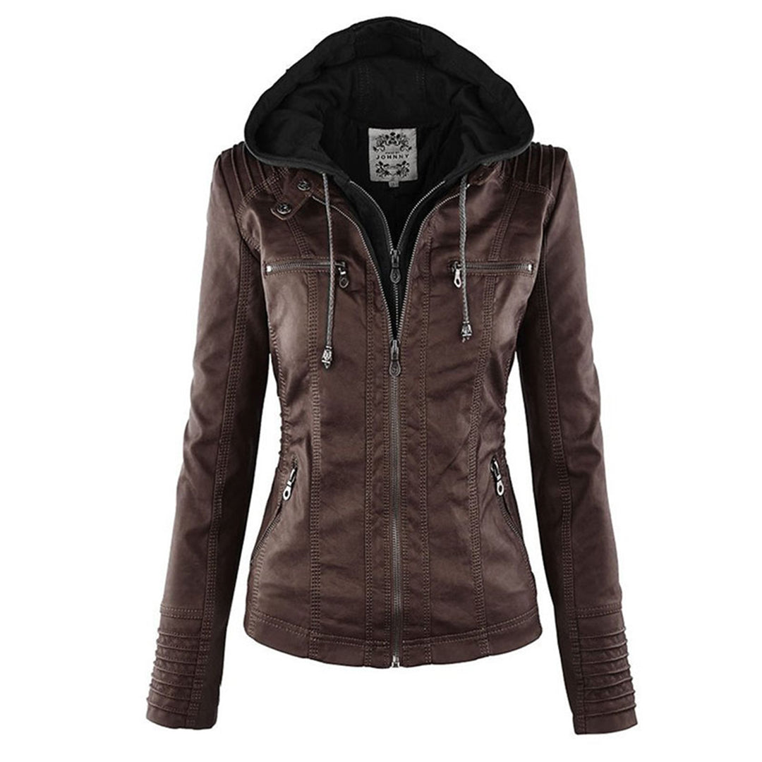 Rochelle | Hooded Zip-Up Moto Jacket, colour Brown