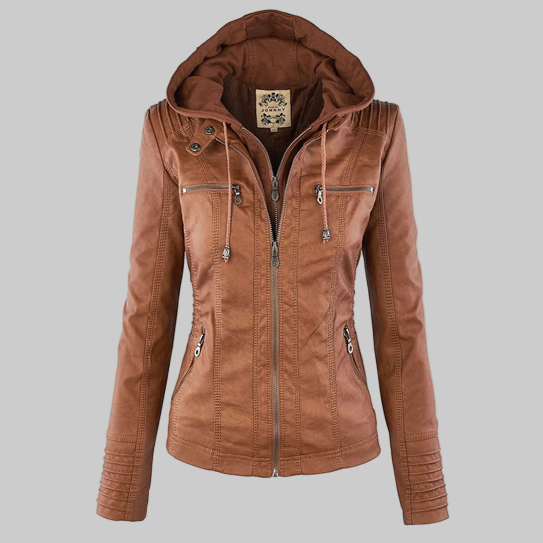 Rochelle | Hooded Zip-Up Moto Jacket, colour Tan