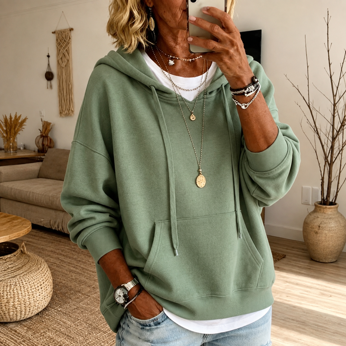 Roisin | Sage Green Oversized Hooded Jumper, colour Sage Green