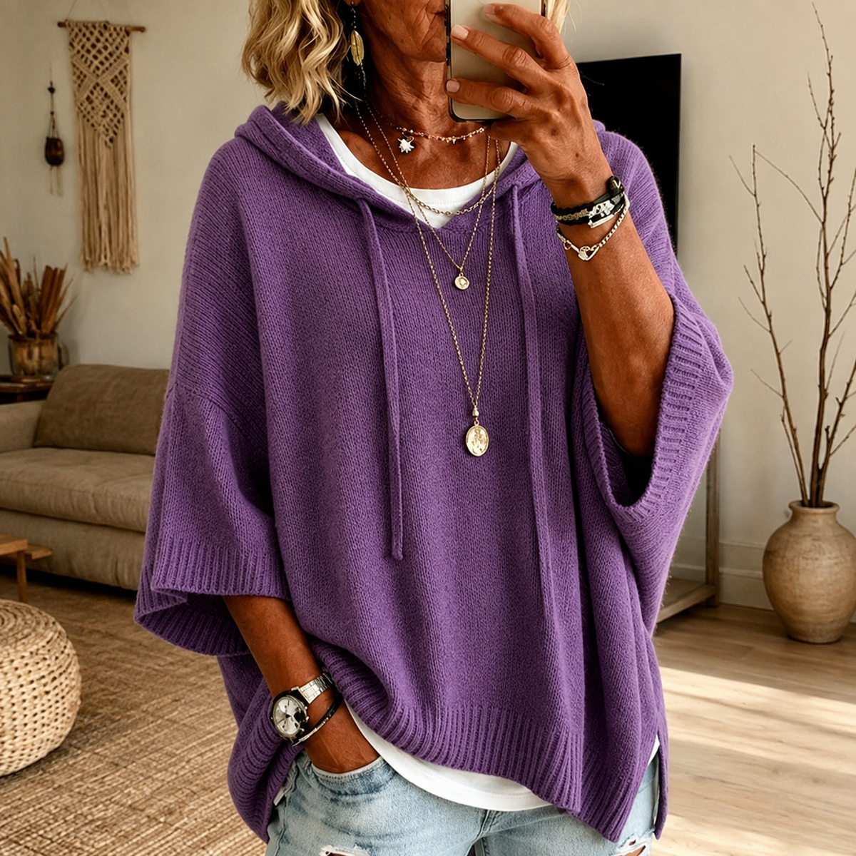 Romola | Purple Hooded Poncho Jumper, colour Purple