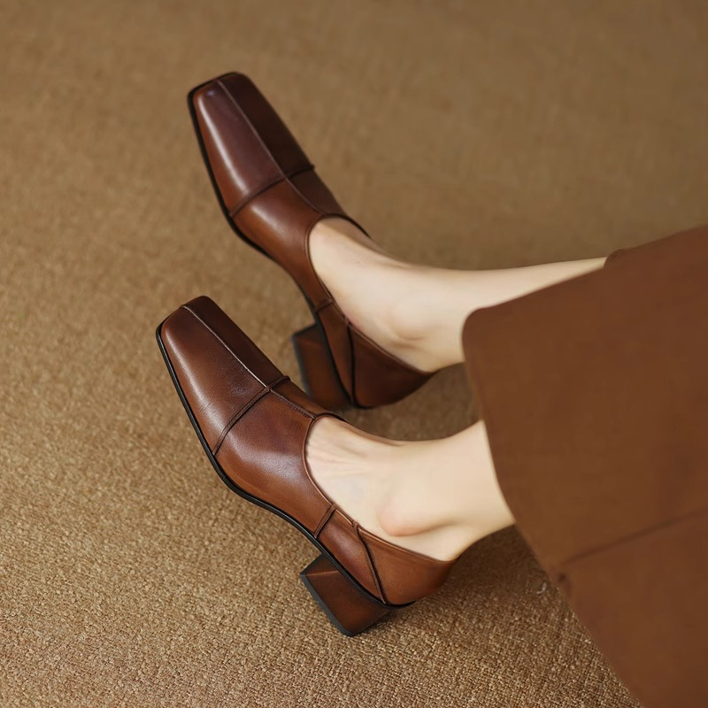 Blanche | Square-Toe Block Heel Loafers, colour Brown
