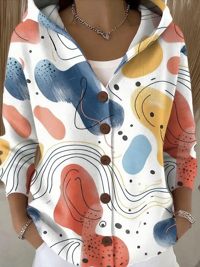 Rowena | Printed Hooded Cardigan, colour Beige Abstract