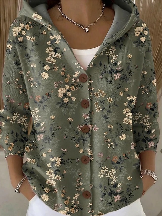 Rowena | Printed Hooded Cardigan, colour Dark Green Floral