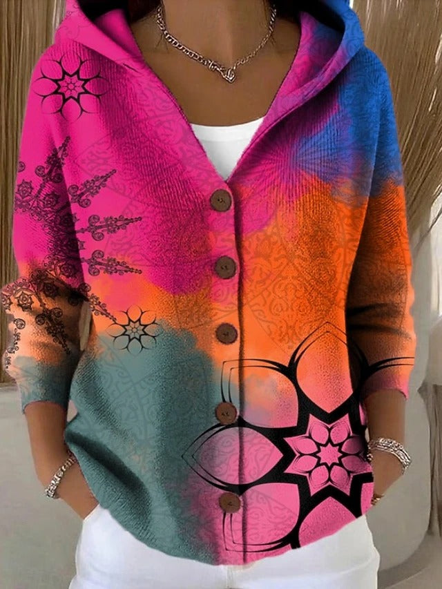 Rowena | Printed Hooded Cardigan, colour Fuchsia Mandala