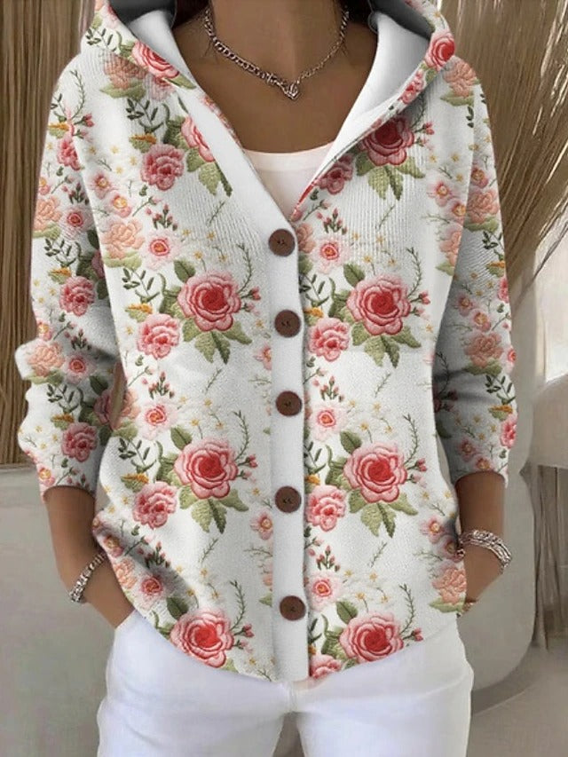 Rowena | Printed Hooded Cardigan, colour Pink Rose