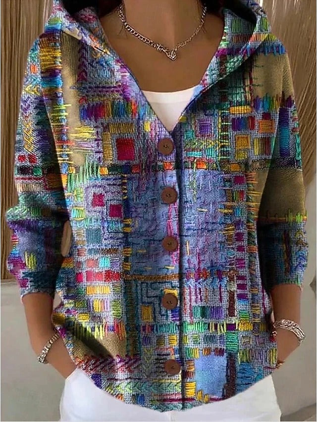 Rowena | Printed Hooded Cardigan, colour Purple Patchwork