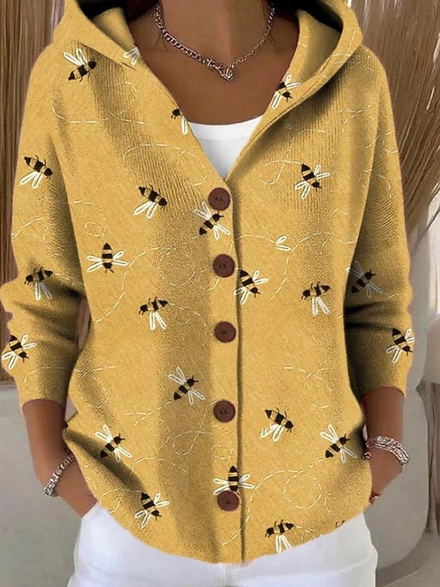 Rowena | Printed Hooded Cardigan, colour Yellow Bee Print
