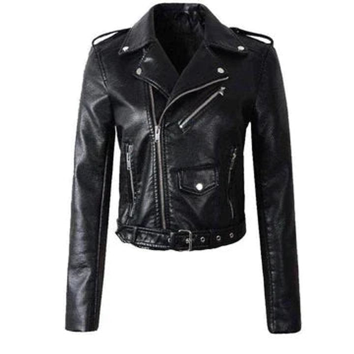 Ruby | Black Cropped Belted Biker Jacket