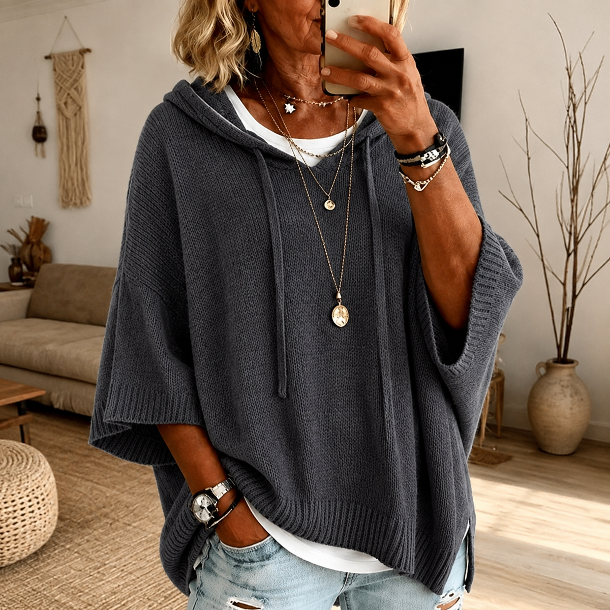 Sadie | Charcoal Hooded Poncho Jumper, colour Charcoal