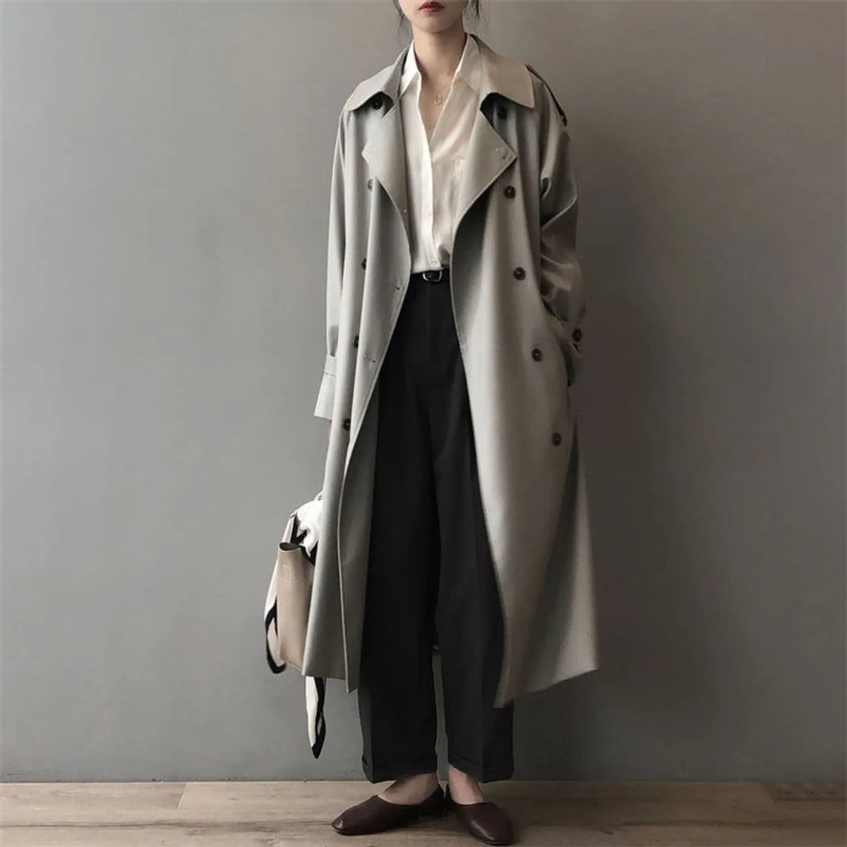 Samantha | Double-Breasted Belted Long Trench Coat, colour Grey