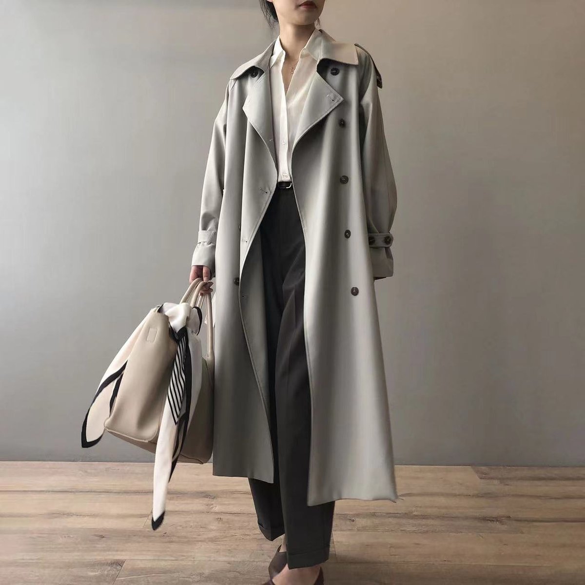 Samantha | Double-Breasted Belted Long Trench Coat, colour Grey