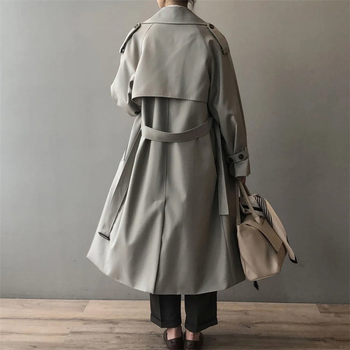 Samantha | Double-Breasted Belted Long Trench Coat, colour Grey