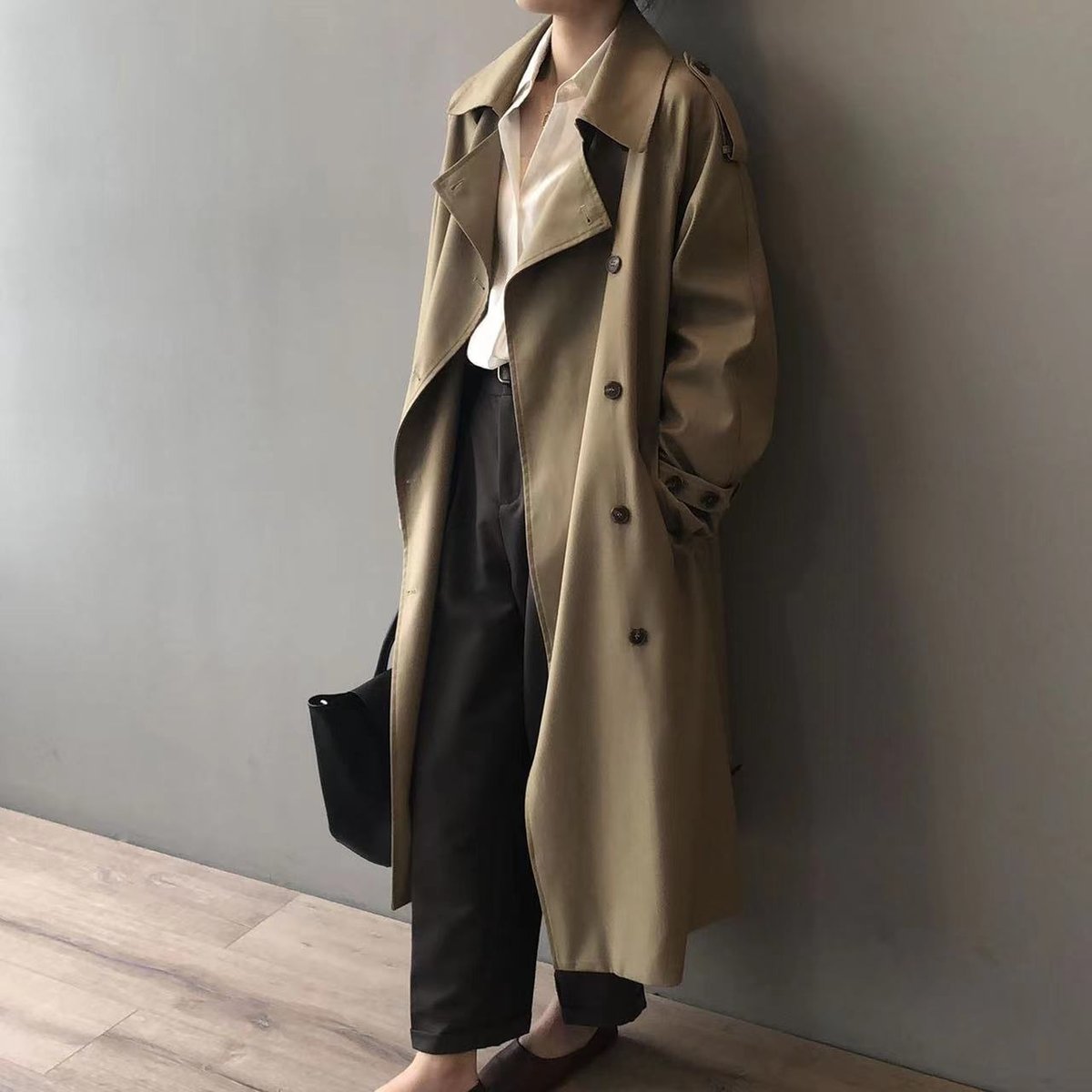 Samantha | Double-Breasted Belted Long Trench Coat, colour Khaki