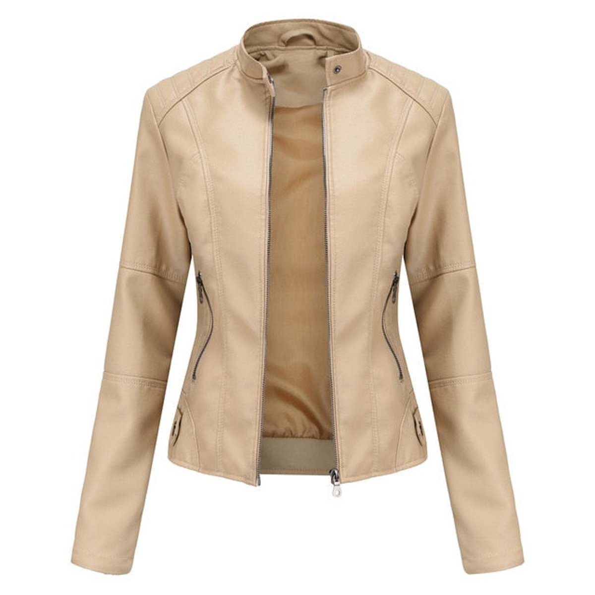 Sandra | Stand Collar Zip Moto Jacket, colour Beige