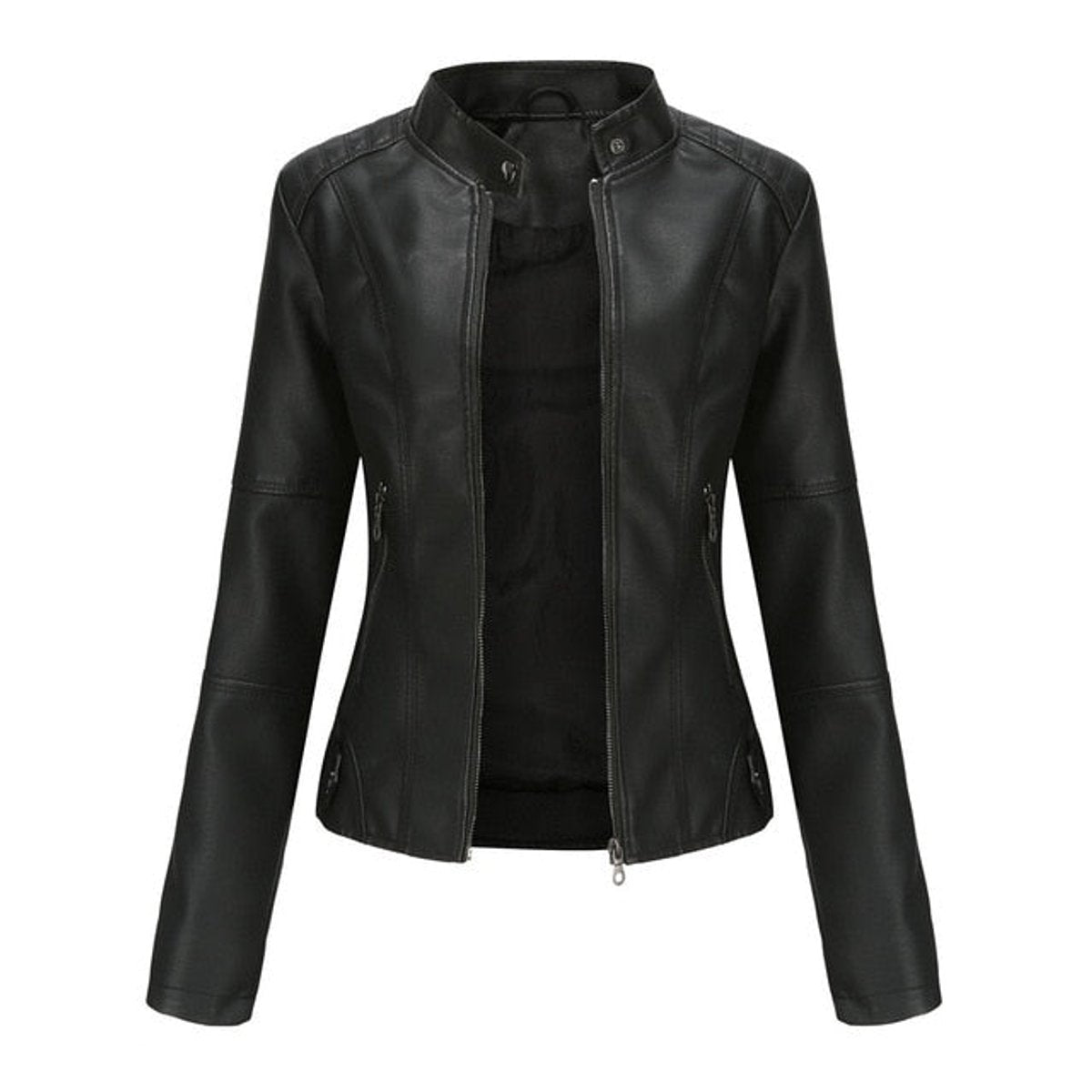 Sandra | Stand Collar Zip Moto Jacket, colour Black