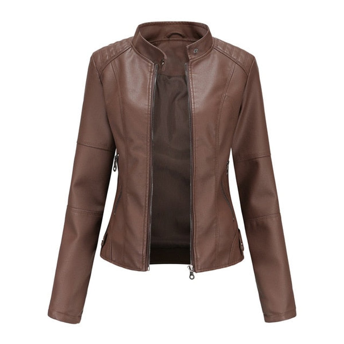 Sandra | Stand Collar Zip Moto Jacket, colour Brown