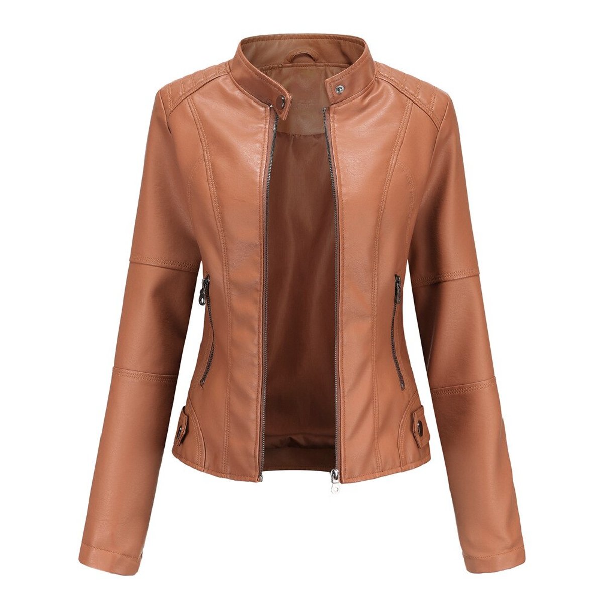 Sandra | Stand Collar Zip Moto Jacket, colour Red Brown