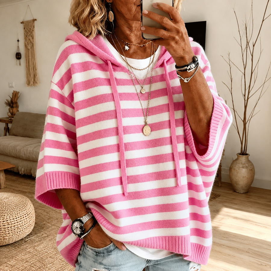 Sasha | Pink Striped Hooded Poncho Jumper