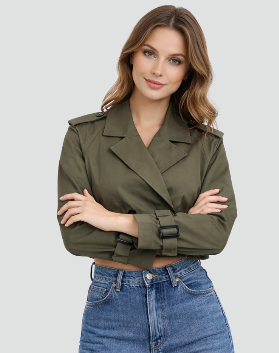 Saskia | Cropped Belted Double-Breasted Trench Coat, colour Army Green