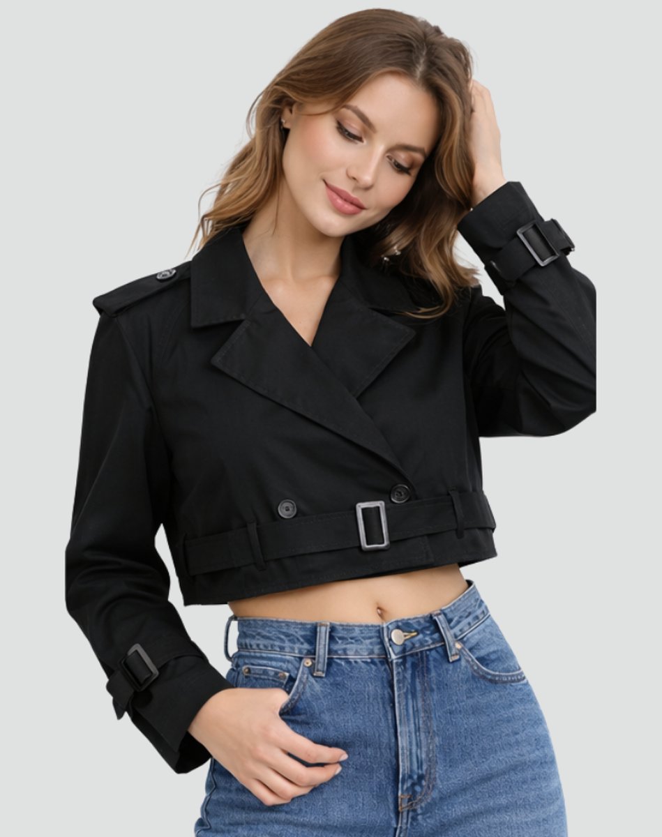 Saskia | Cropped Belted Double-Breasted Trench Coat, colour Black