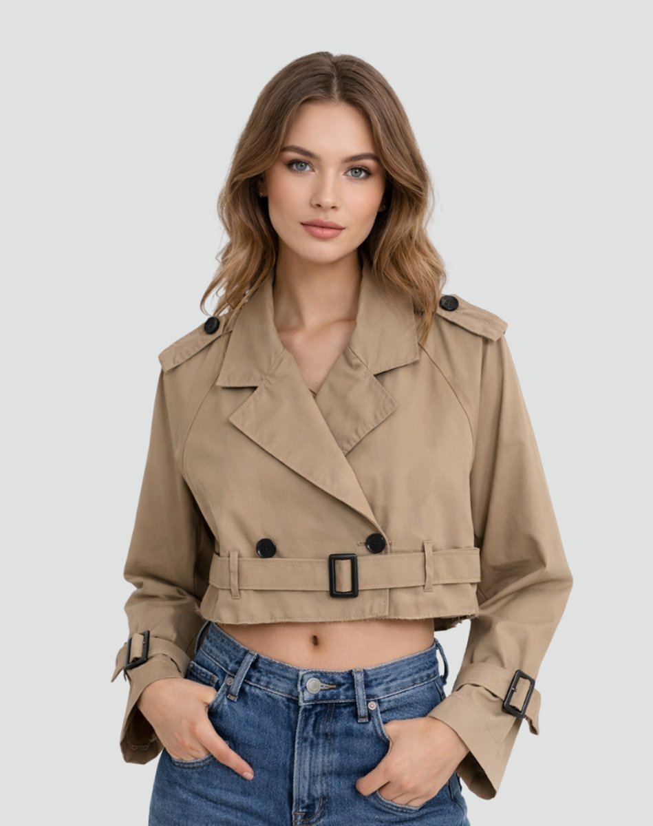 Saskia | Cropped Belted Double-Breasted Trench Coat, colour Brown