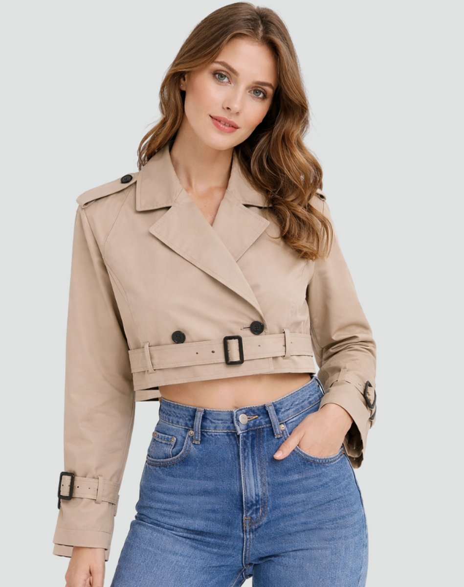 Saskia | Cropped Belted Double-Breasted Trench Coat, colour Khaki