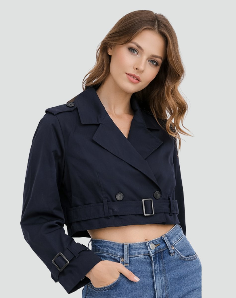 Saskia | Cropped Belted Double-Breasted Trench Coat, colour Navy Blue