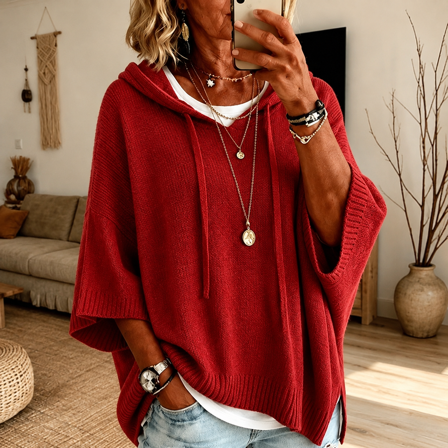 Scarlett | Red Hooded Poncho Jumper