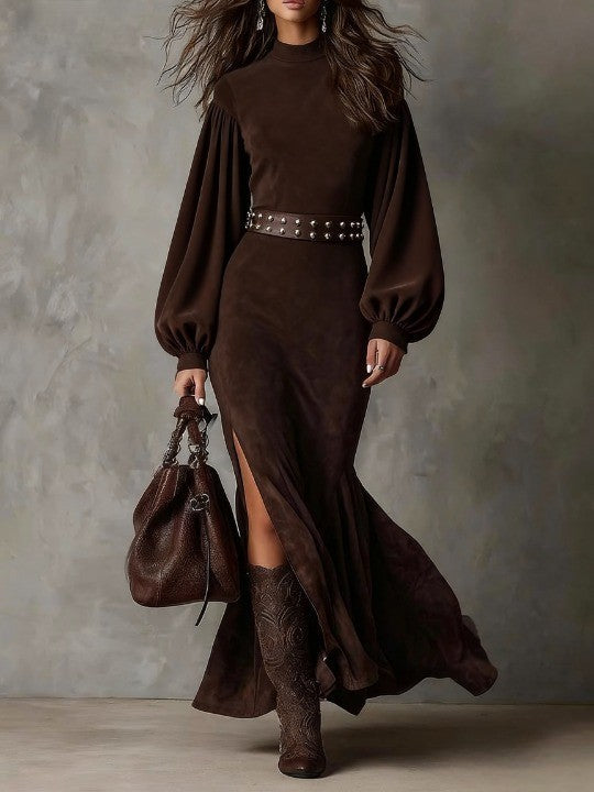 Seren | Suede-Look Lantern Sleeve Dress
