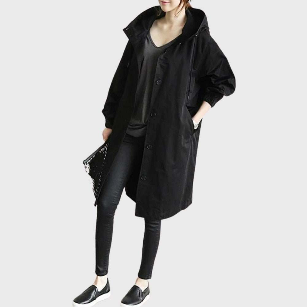 Sheila | Hooded Relaxed Long Trench Coat, colour Black