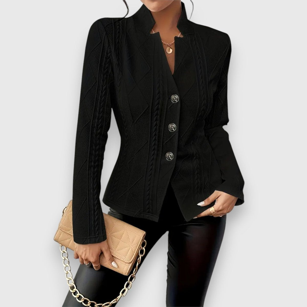 Shirley | Textured Stand Collar Button Cardigan, colour Black