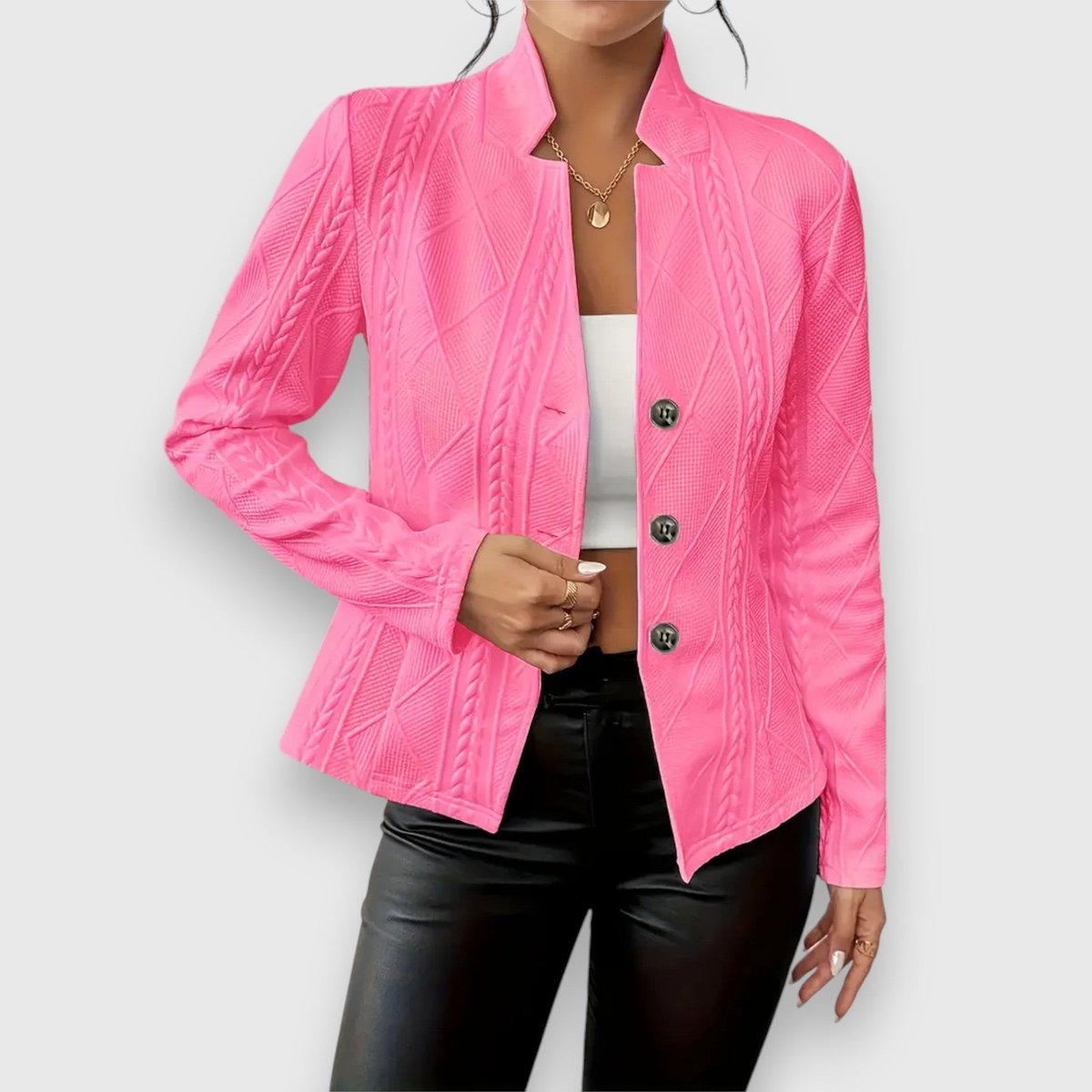 Shirley | Textured Stand Collar Button Cardigan, colour Pink