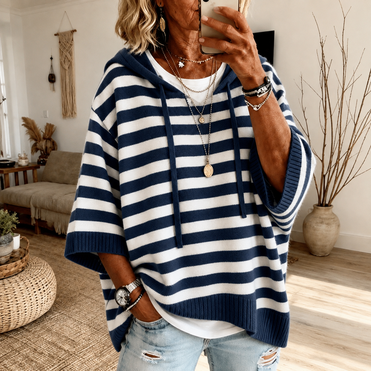 Siobhan | Navy Striped Hooded Poncho Jumper, colour Navy and White Stripe
