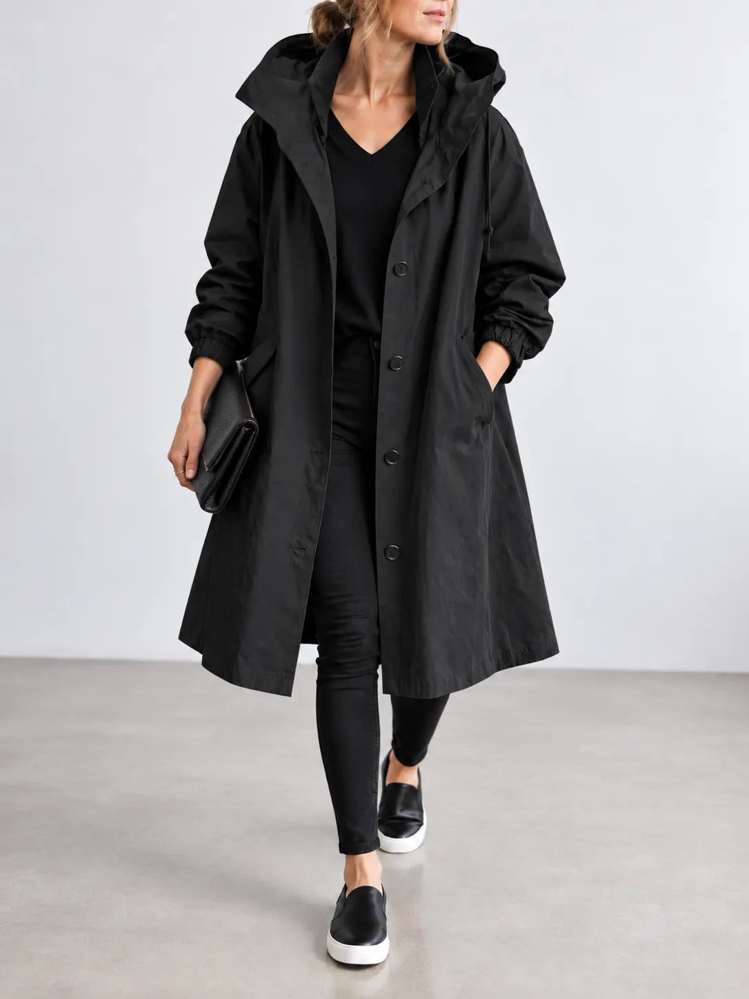 Skye | Oversized Hooded Button Coat, colour Black