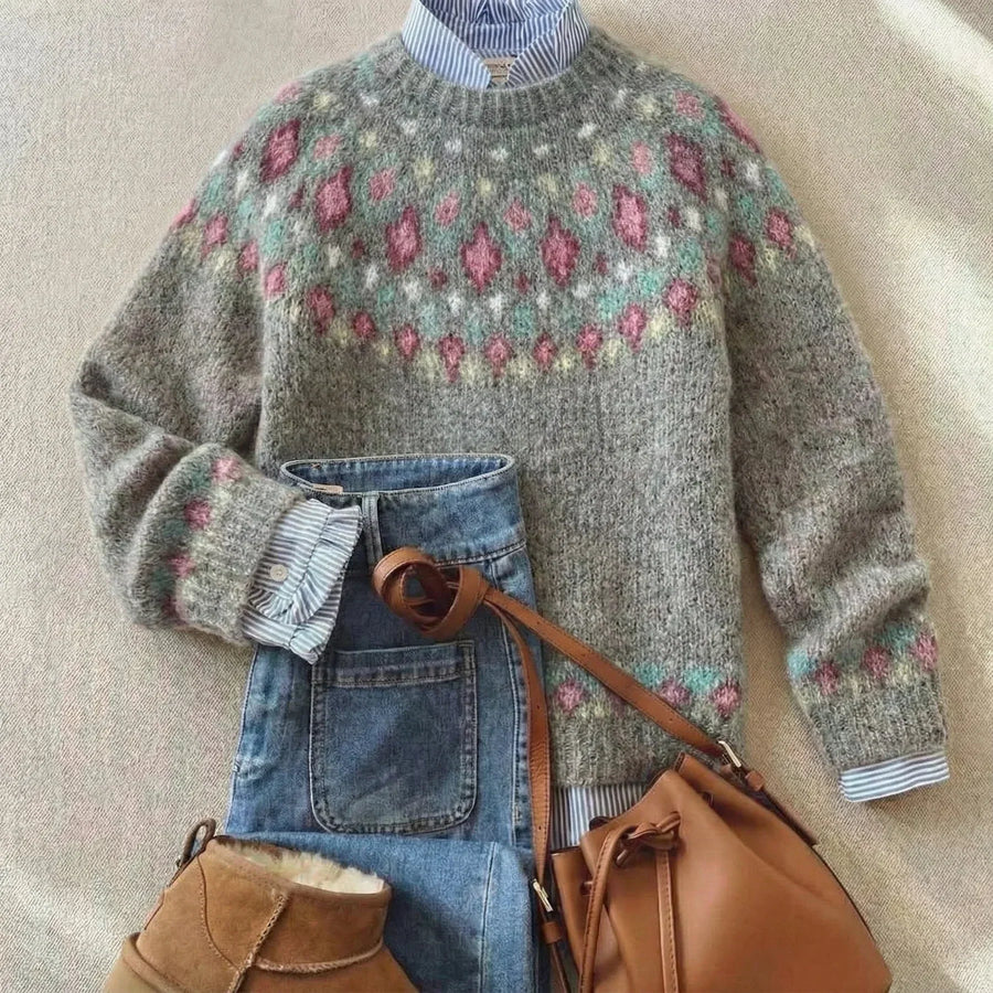 Solara | Grey and Rose Fair Isle Jumper
