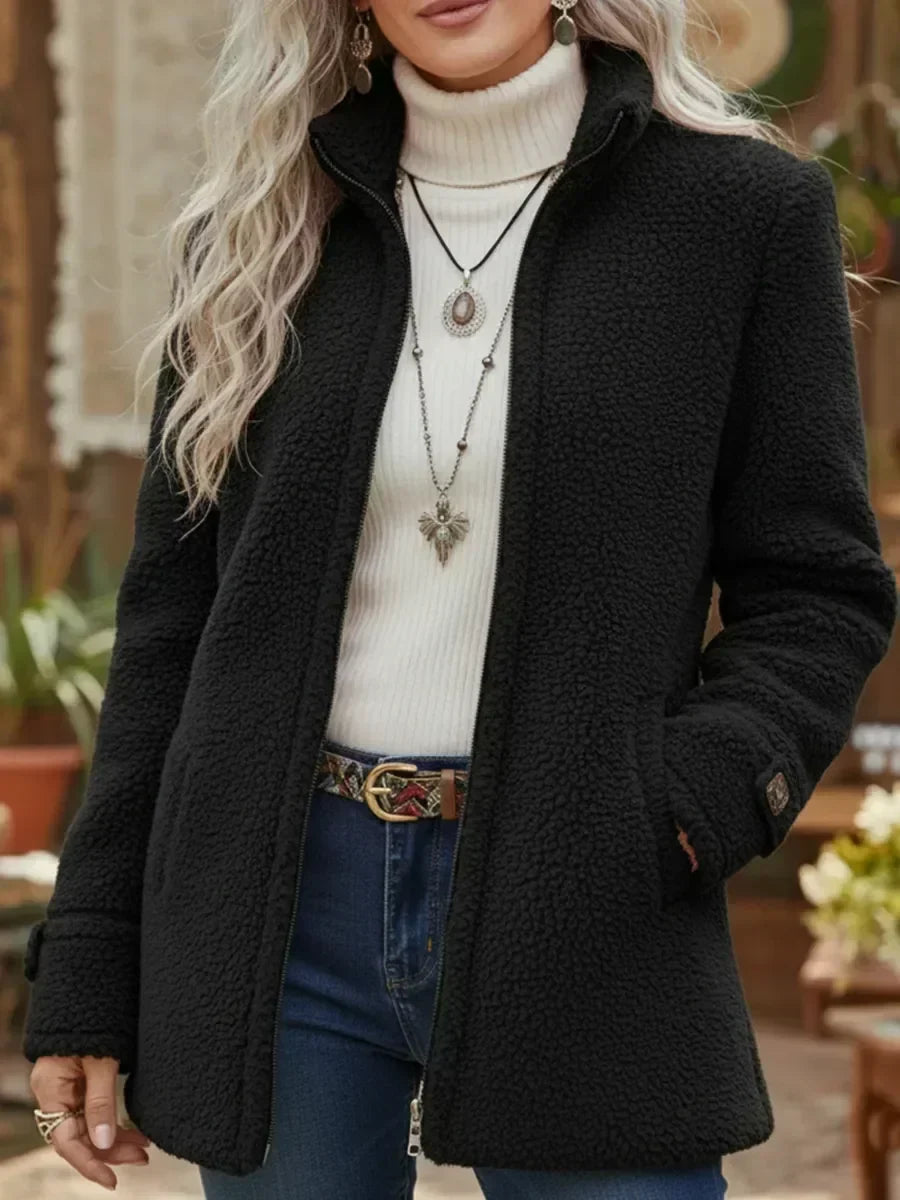 Sophie | Plush Stand Collar Zip Jacket, colour Black