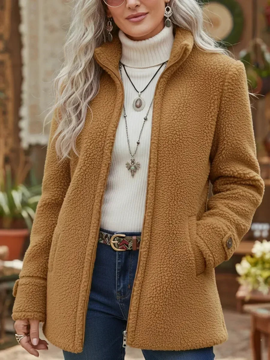 Sophie | Plush Stand Collar Zip Jacket, colour Camel