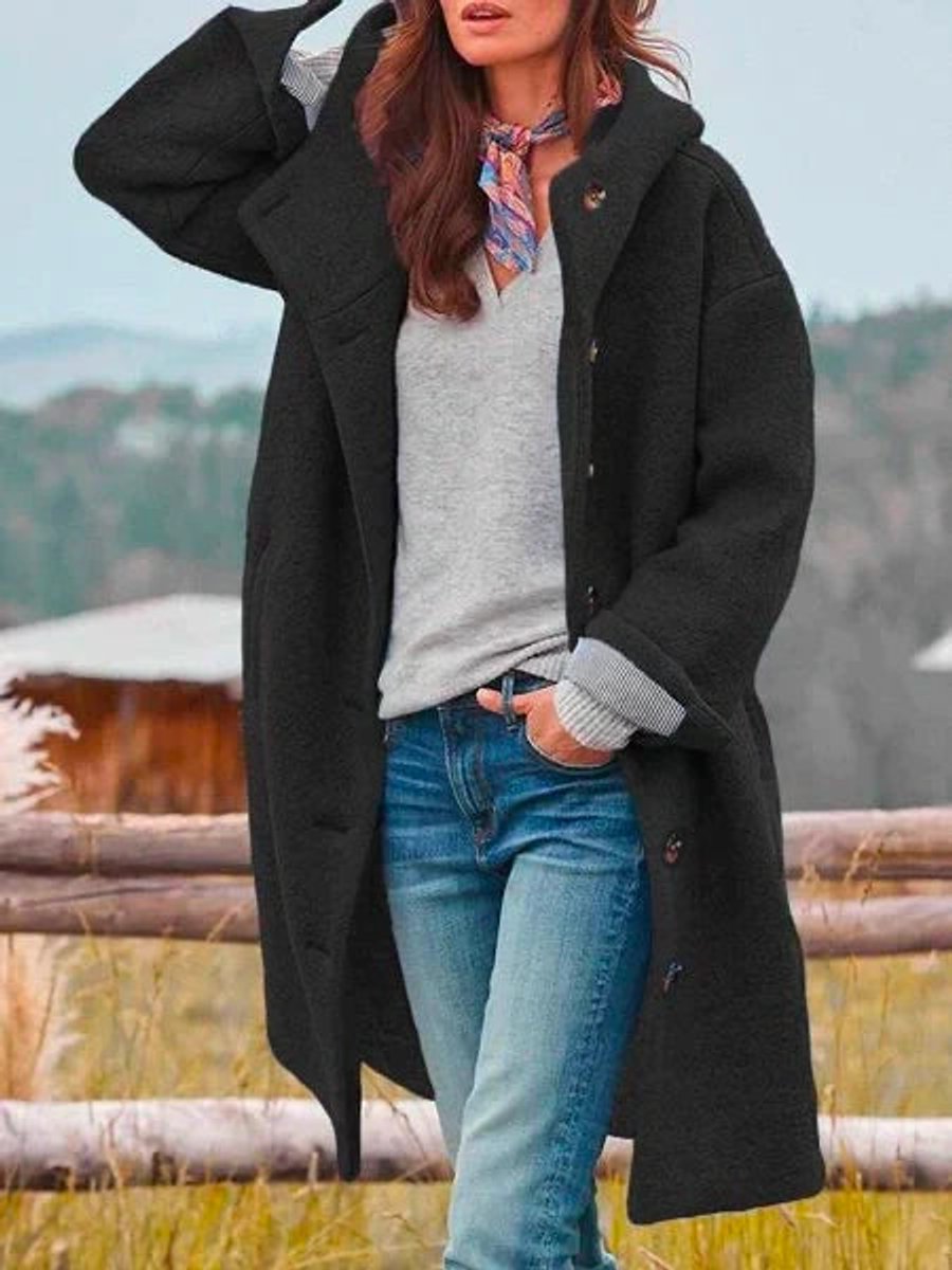 Sorcha | Longline Hooded Button Coat, colour Black