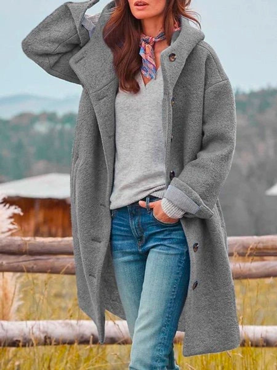 Sorcha | Longline Hooded Button Coat, colour Grey